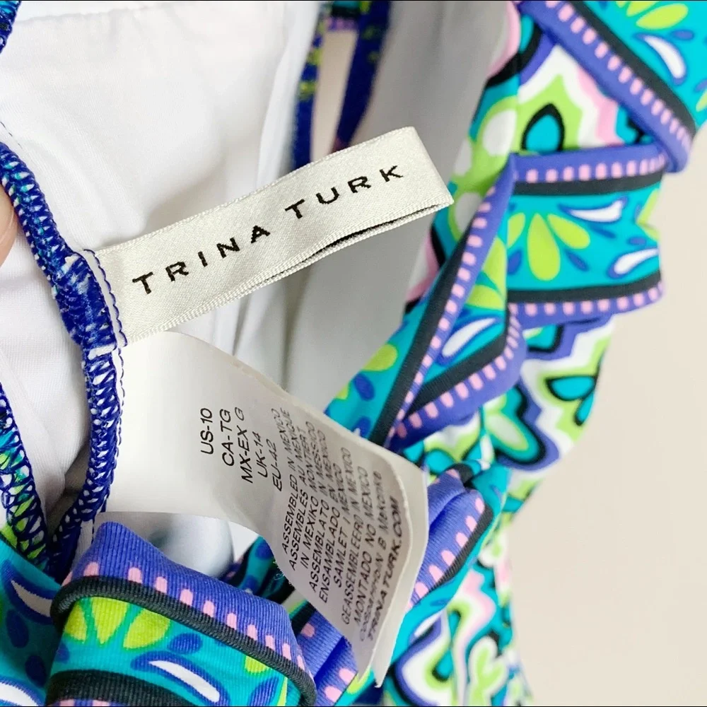 Trina Turk Patterned, Strappy One-Piece Swimsuit, Deep Plunge Front - Picture 7 of 8